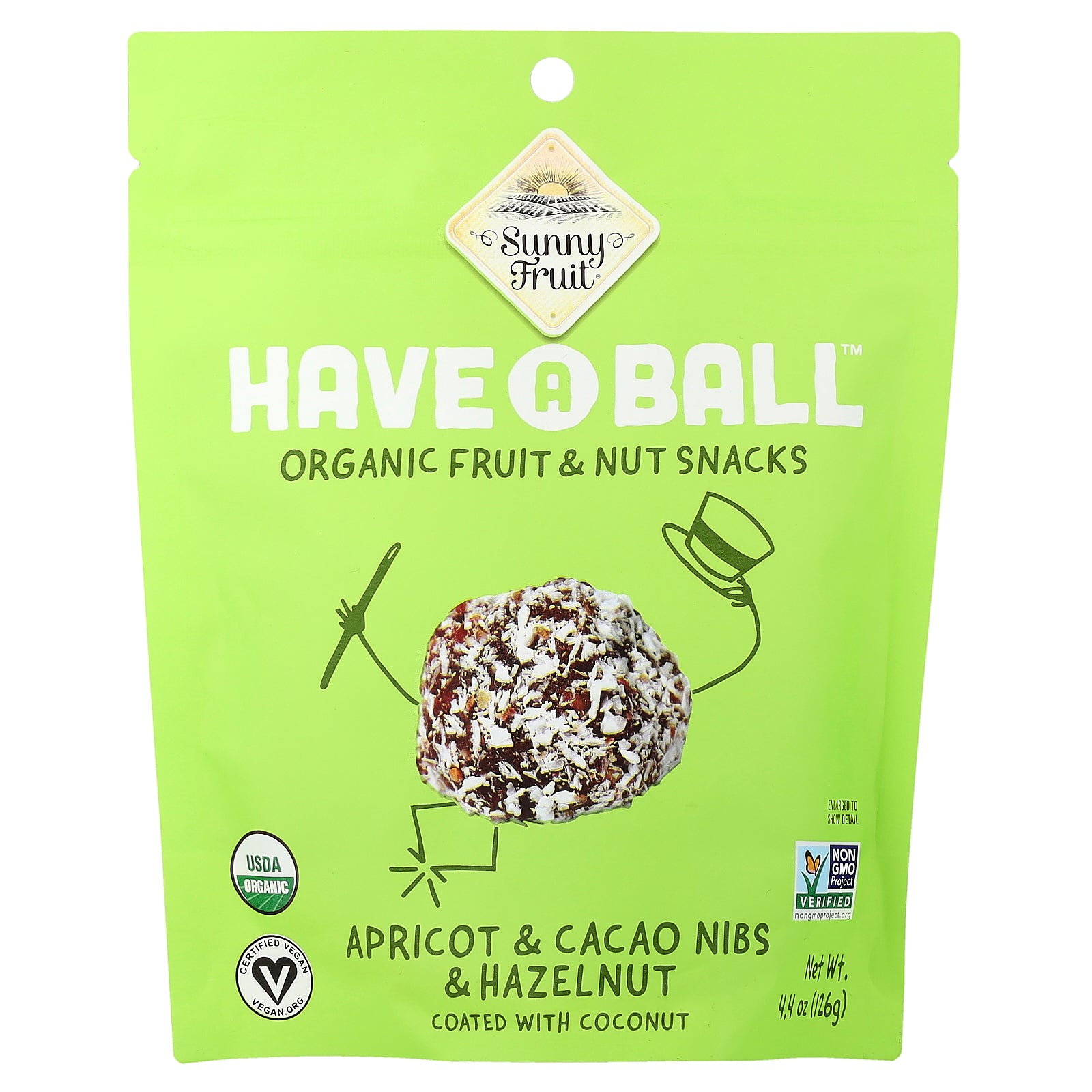 Sunny Fruit, Have A Ball™, Organic Fruit & Nut Snacks, Apricot & Cacao Nibs & Hazelnut, 4.4 oz ( 126 g)