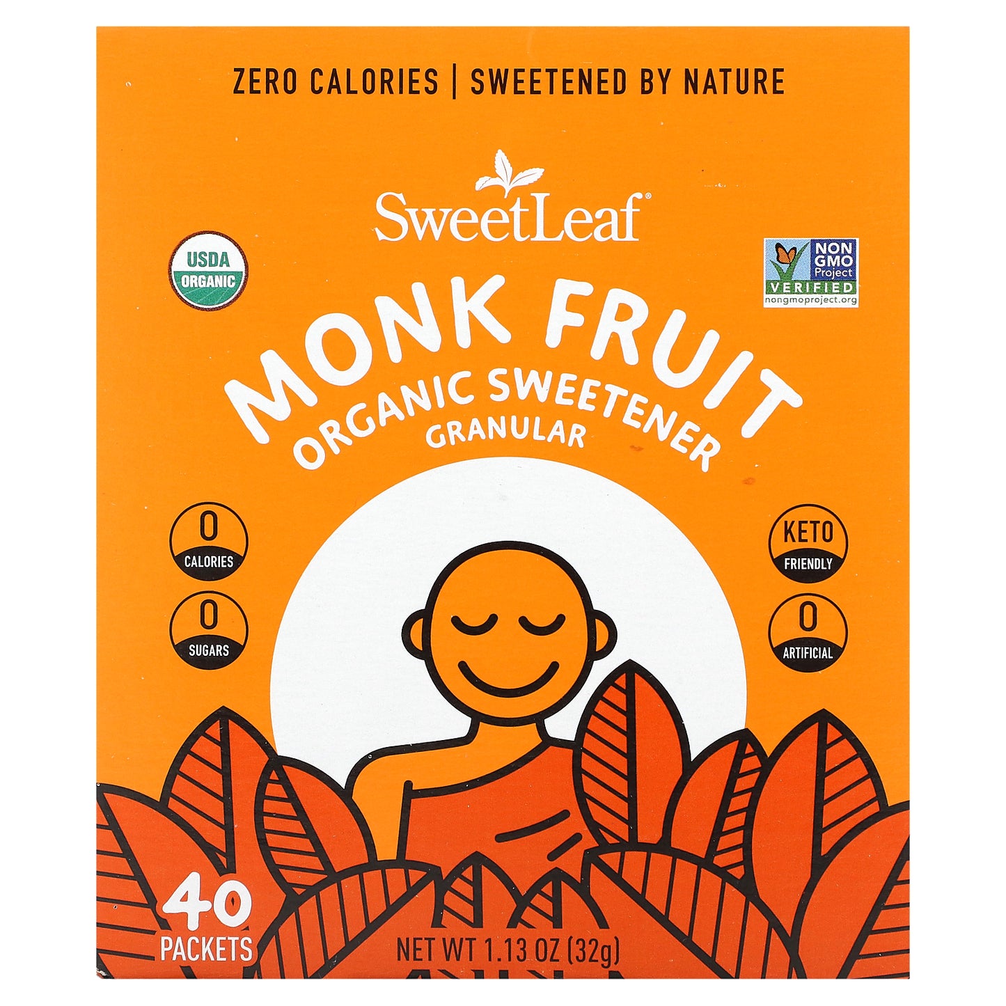 SweetLeaf Stevia, Monk Fruit Organic Sweetener Granular, 40 Packets, 0.28 oz (0.8 g) Each