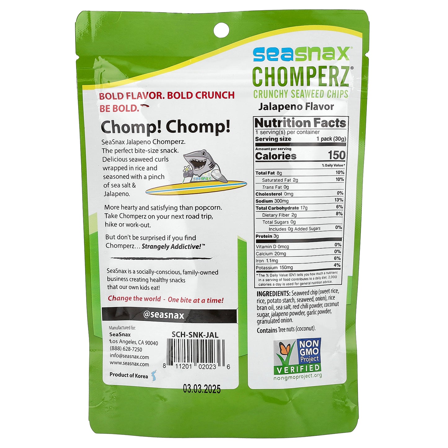 SeaSnax, Chomperz®, Crunchy Seaweed Chips, Jalapeno, 1 oz (30 g)