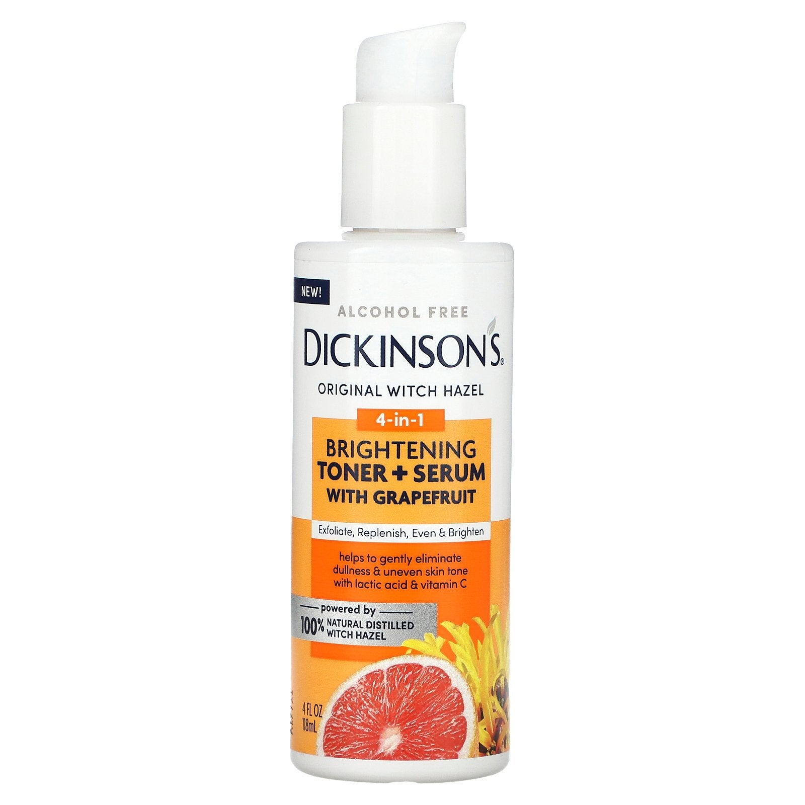 Dickinson Brands, Original Witch Hazel, 4-In-1 Brightening Toner + Serum with Grapefruit, Alcohol Free, 4 fl oz (118 ml)