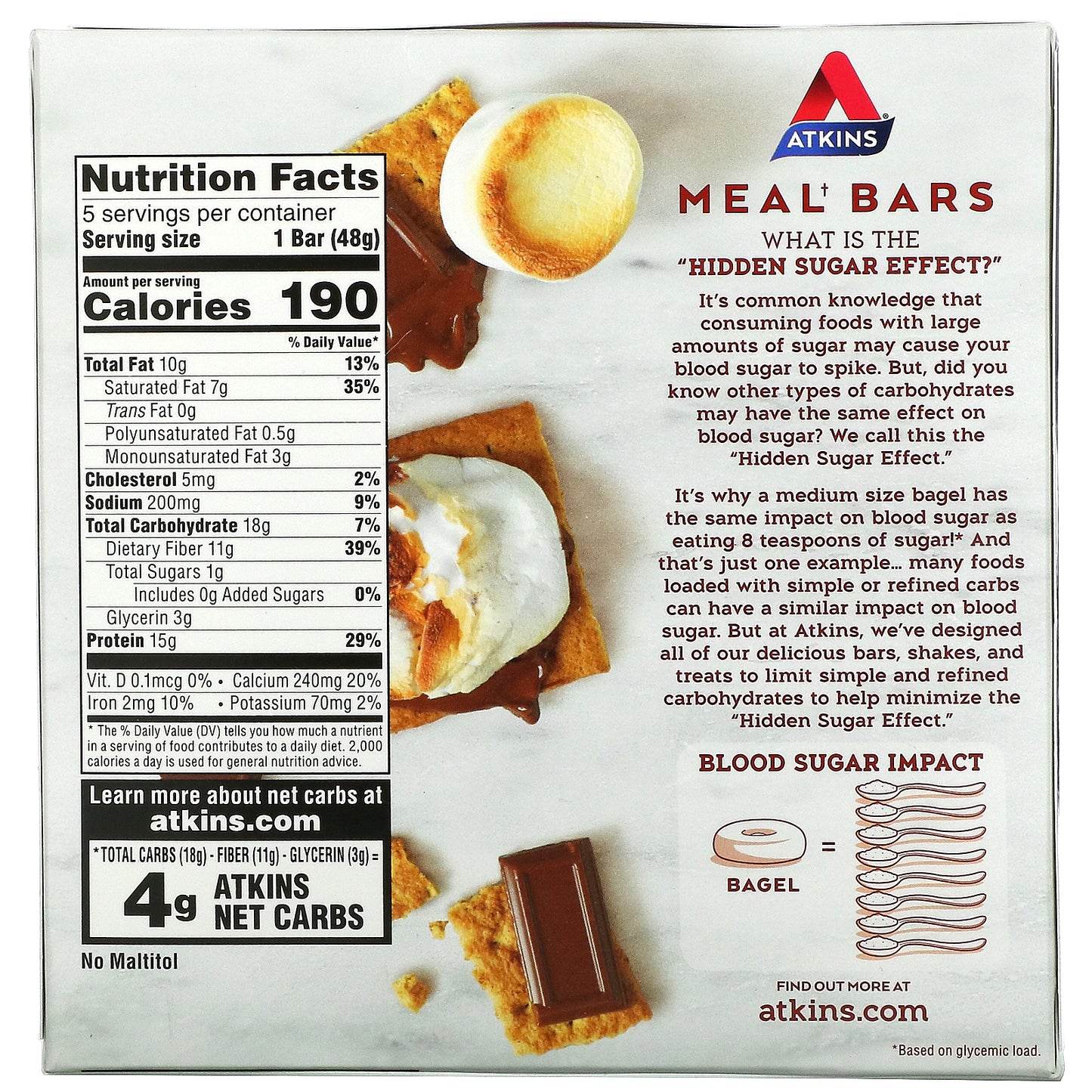 Atkins, Protein Meal Bar, S'mores Bar, 5 Bars, 1.69 oz (48 g) Each