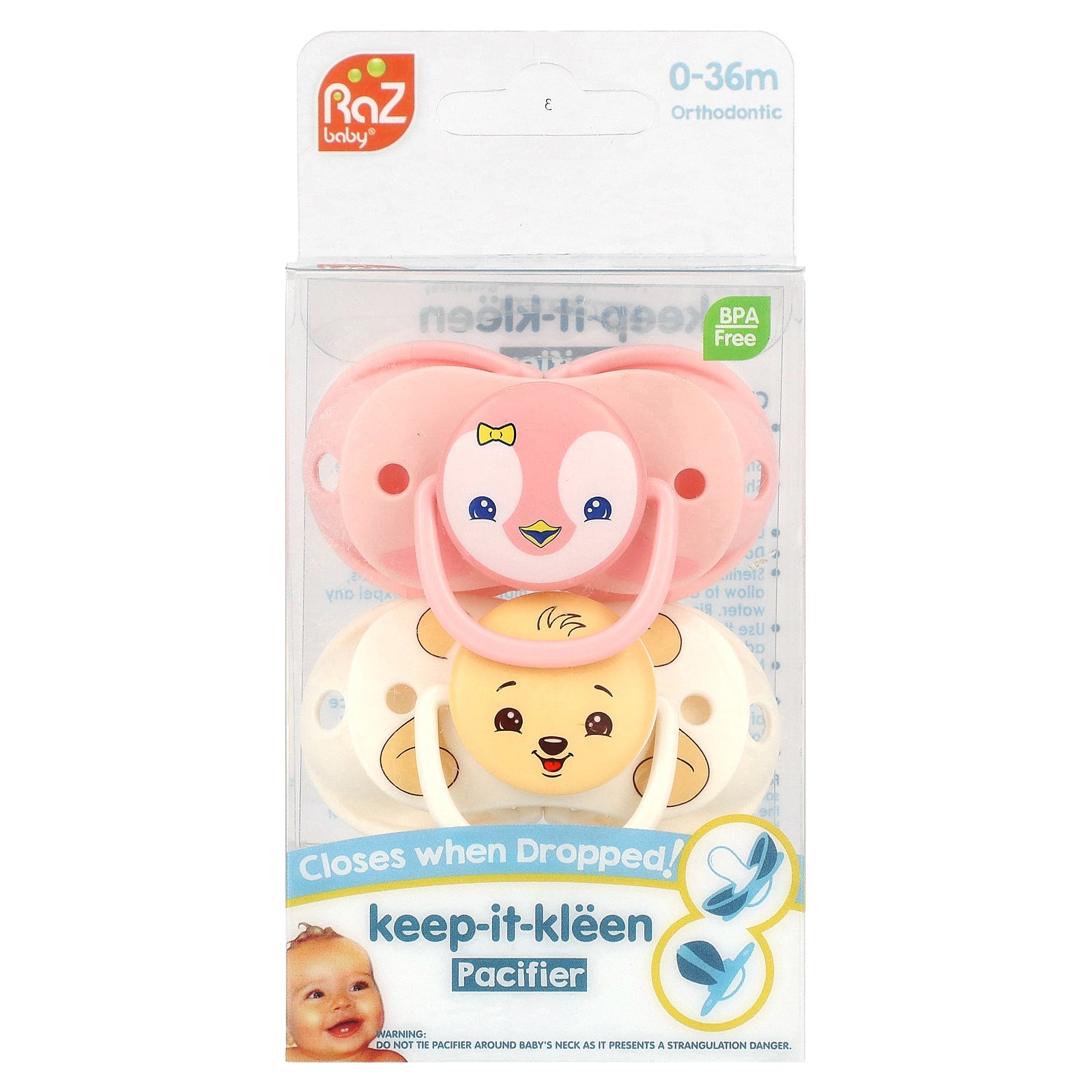 RaZbaby, Keep-It-Kleen Pacifier, 0-36m, Penguin & Bear, 2 Pacifiers