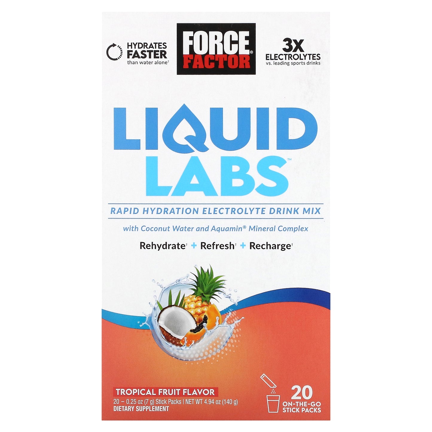 Force Factor, Liquid Labs™, Rapid Hydration Electrolyte Drink Mix, Tropical Fruit, 20 Stick Packs, 0.25 oz (7 g) Each