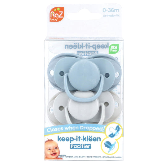 RaZbaby, Keep-It-Kleen Pacifier, 0-36m, Blue & Gray, 2 Pacifiers