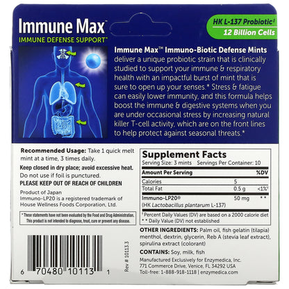 Enzymedica, Immune Max, Immuno-Biotic Defense Mints, Fresh Mint, 30 Quick Melt Mints