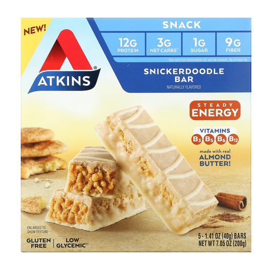 Atkins, Snack, Snickerdoodle Bar, Gluten Free, 5 Bars, 1.41 oz (40 g) Each