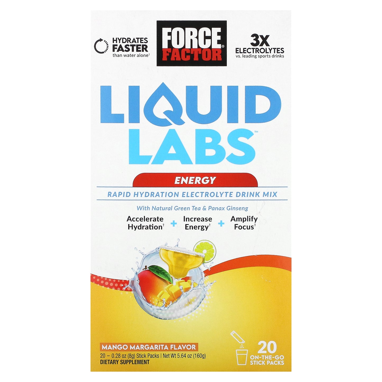 Force Factor, Liquid Labs™ Energy, Rapid Hydration Electrolyte Drink Mix, Mango Margarita, 20 Stick Packs, 0.28 oz (8 g) Each