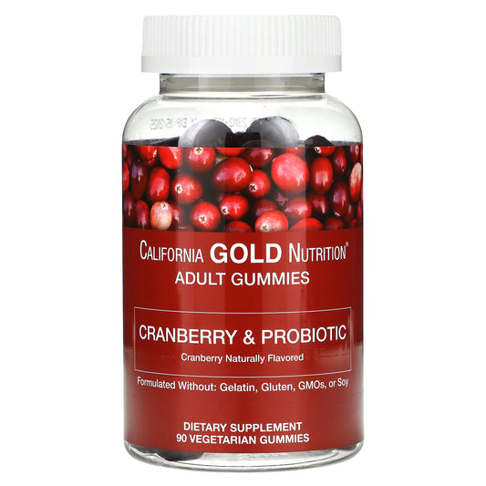 California Gold Nutrition, Cranberry & Probiotic Gummies with Cranberry Concentrate, Fructooligosaccharides and Bacillus coagulans, Natural Cranberry, 90 Vegetarian Gummies