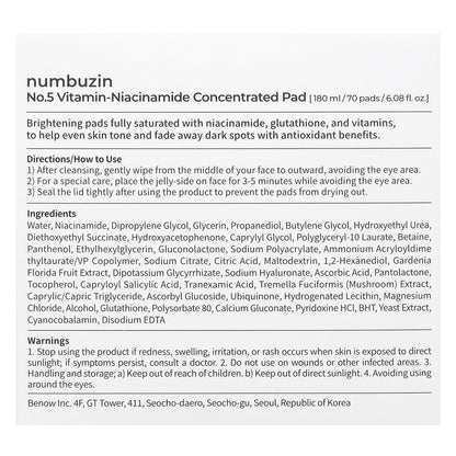 Numbuzin, No.5 Vitamin-Niacinamide Concentrated Pad , 70 Pads, 6.08 fl oz (180 ml)