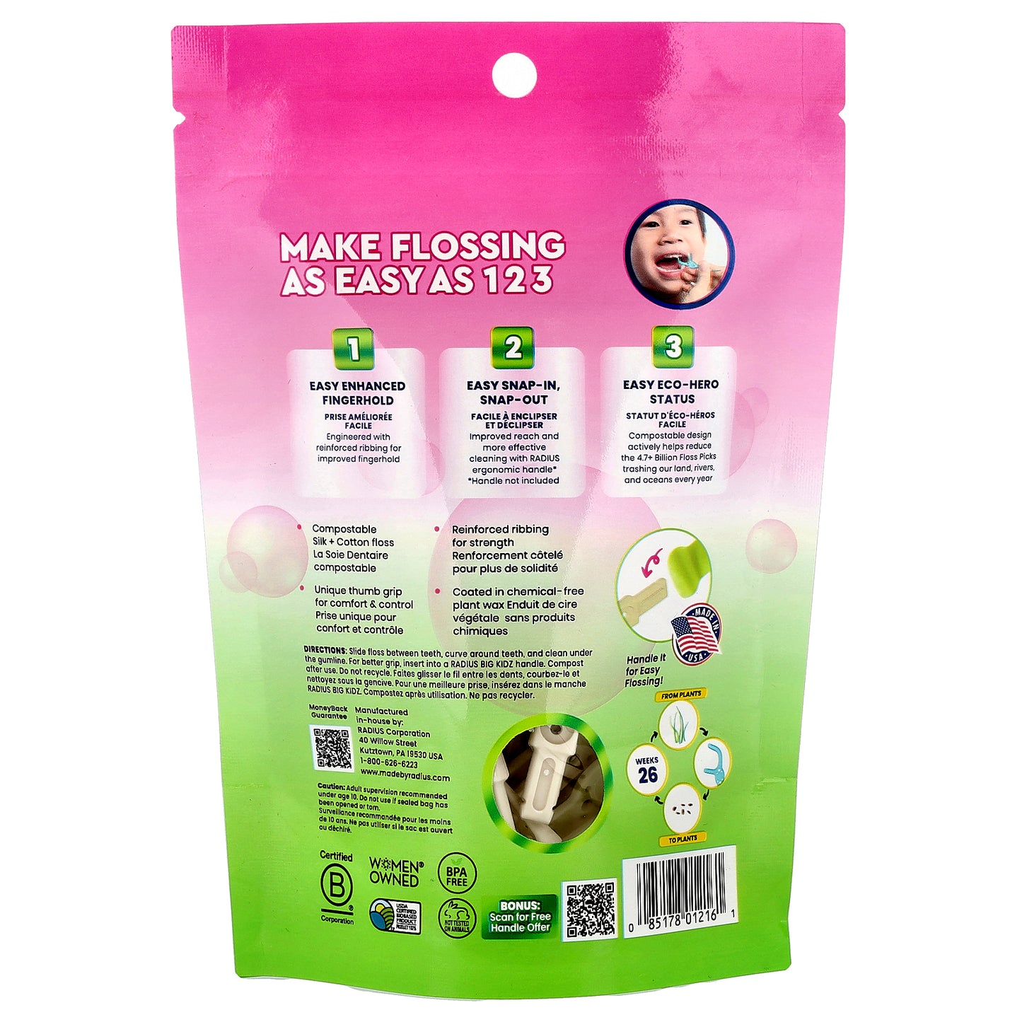 RADIUS, Kids, EcoFlex Floss Picks, Bubblegum, 50 Compostable Floss Picks