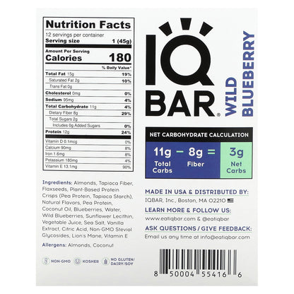 IQBAR, Plant Protein Bars, Wild Blueberry, 12 Bars, 1.6 oz (45 g) each