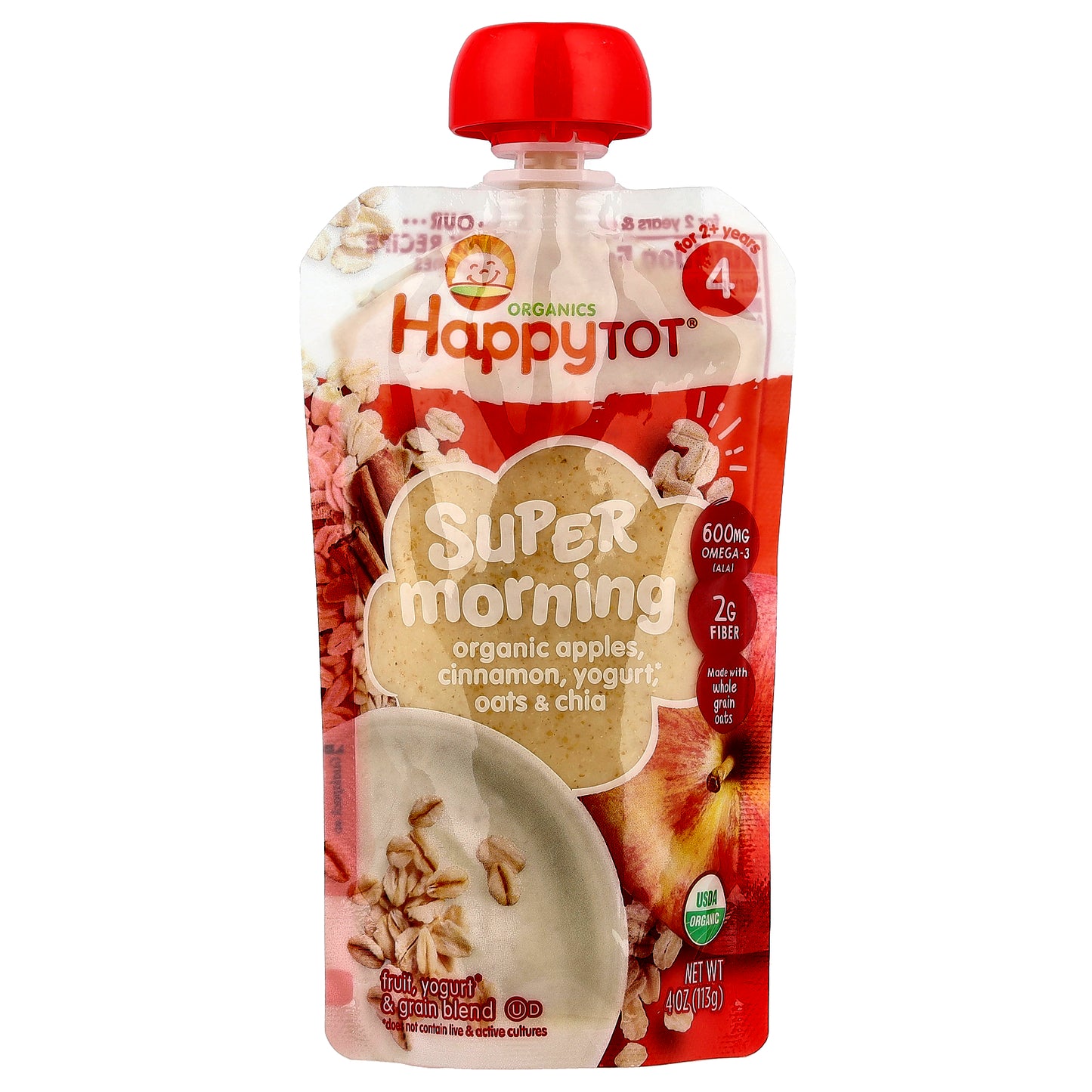 Happy Family Organics, Happy Tot®, Super Morning, For 2+ Years, Organic Apples, Cinnamon, Yogurt, Oats & Chia, 4 oz (113 g)