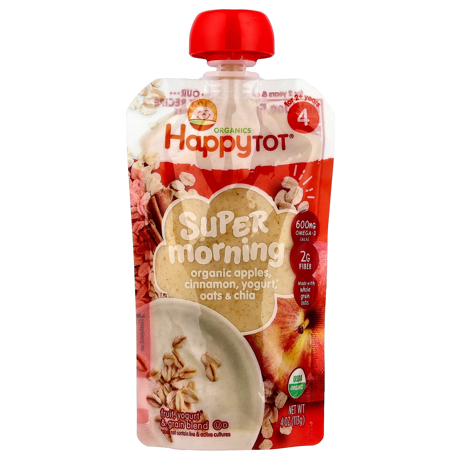 Happy Family Organics, Happy Tot®, Super Morning, For 2+ Years, Organic Apples, Cinnamon, Yogurt, Oats & Chia, 4 oz (113 g)