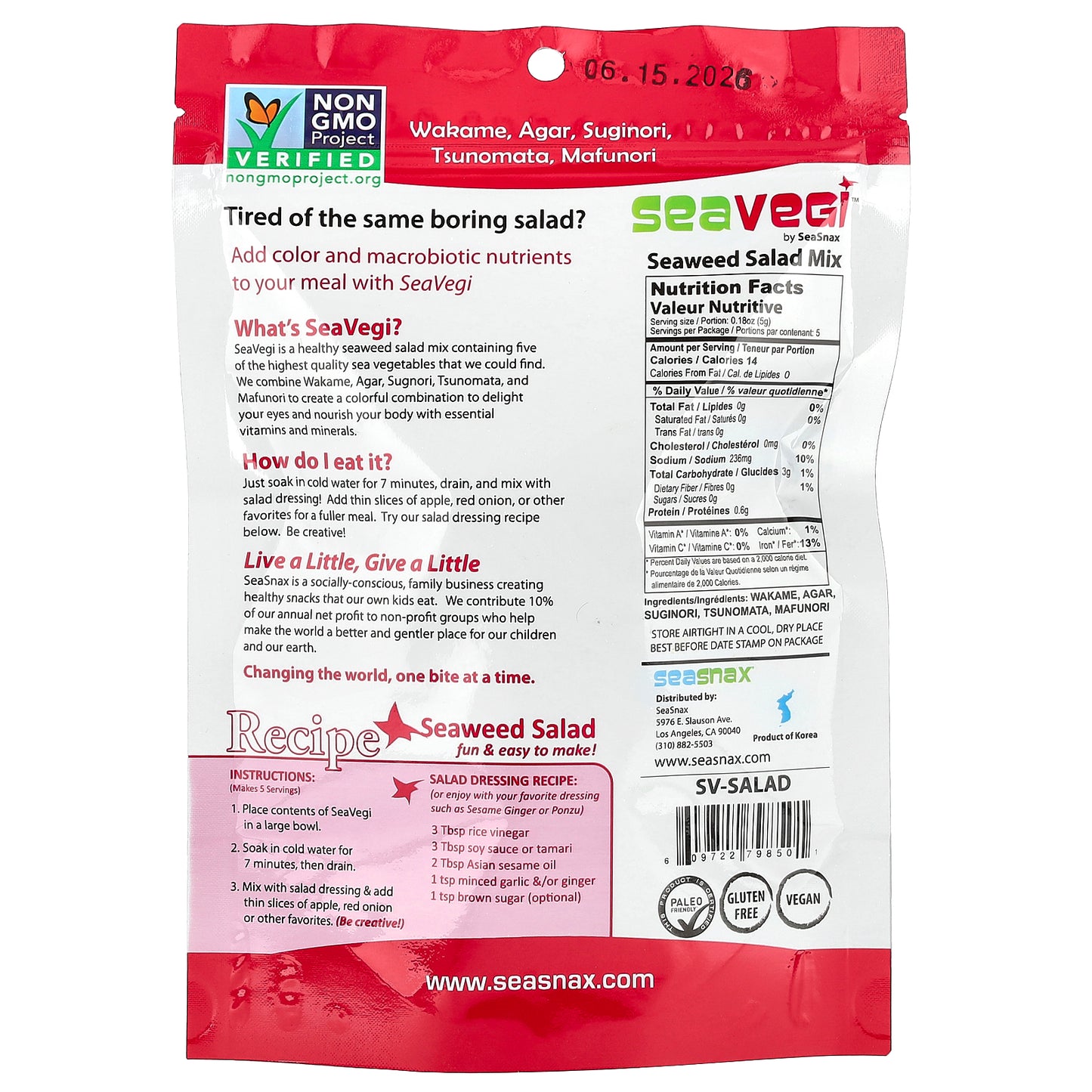 SeaSnax, SeaVegi™, Seaweed Salad Mix, 0.9 oz (25 g)