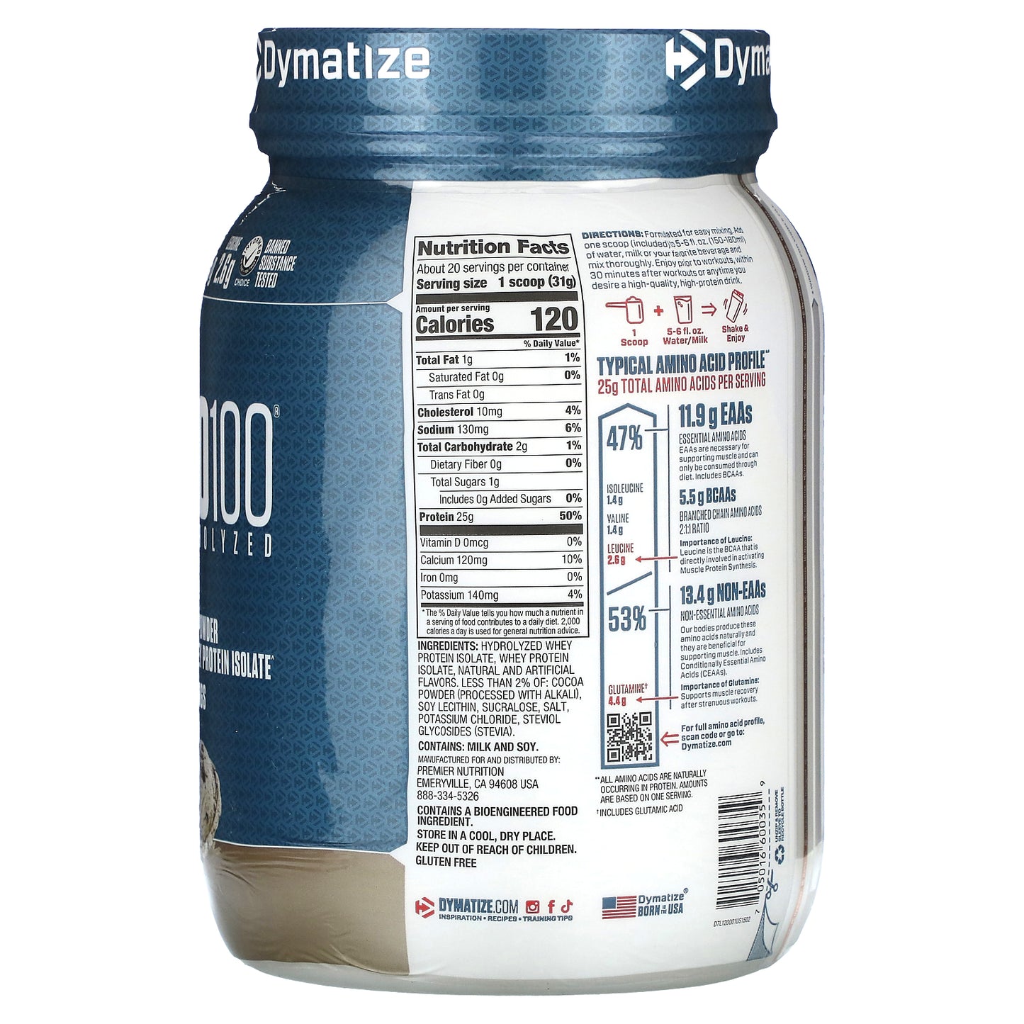 Dymatize, ISO100® Hydrolyzed, 100% Whey Protein Isolate, Cookies & Cream, 1.36 lb (620 g)