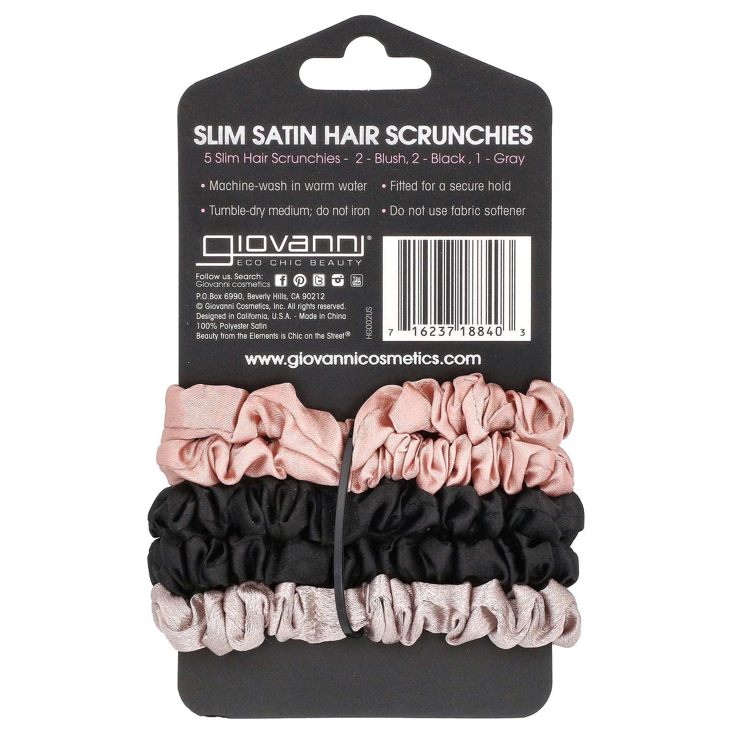 Giovanni, Slim Satin Hair Scrunchies, Blush, Black, Gray,  5 Scrunchies