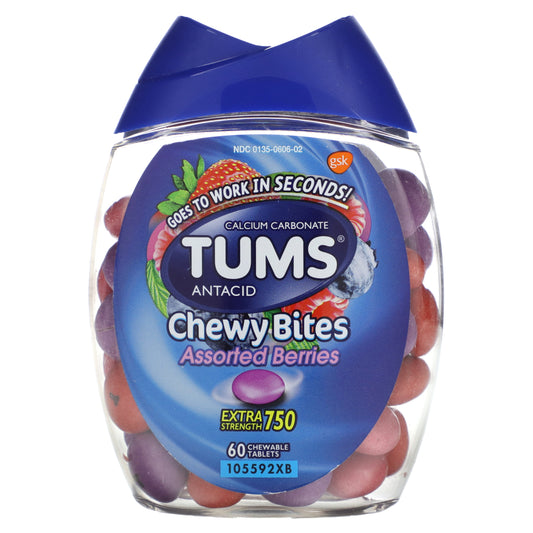 Tums, Extra Strength Antacid, Chewy Bites, Assorted Berries, 750 mg, 60 Chewable Tablets