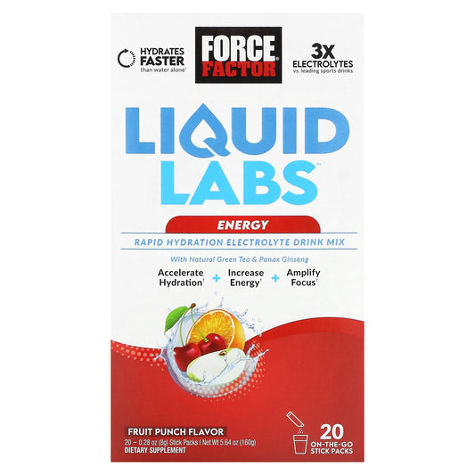 Force Factor, Liquid Labs™ Energy, Rapid Hydration Electrolyte Drink Mix, Fruit Punch, 20 Stick Packs, 0.28 oz (8 g) Each