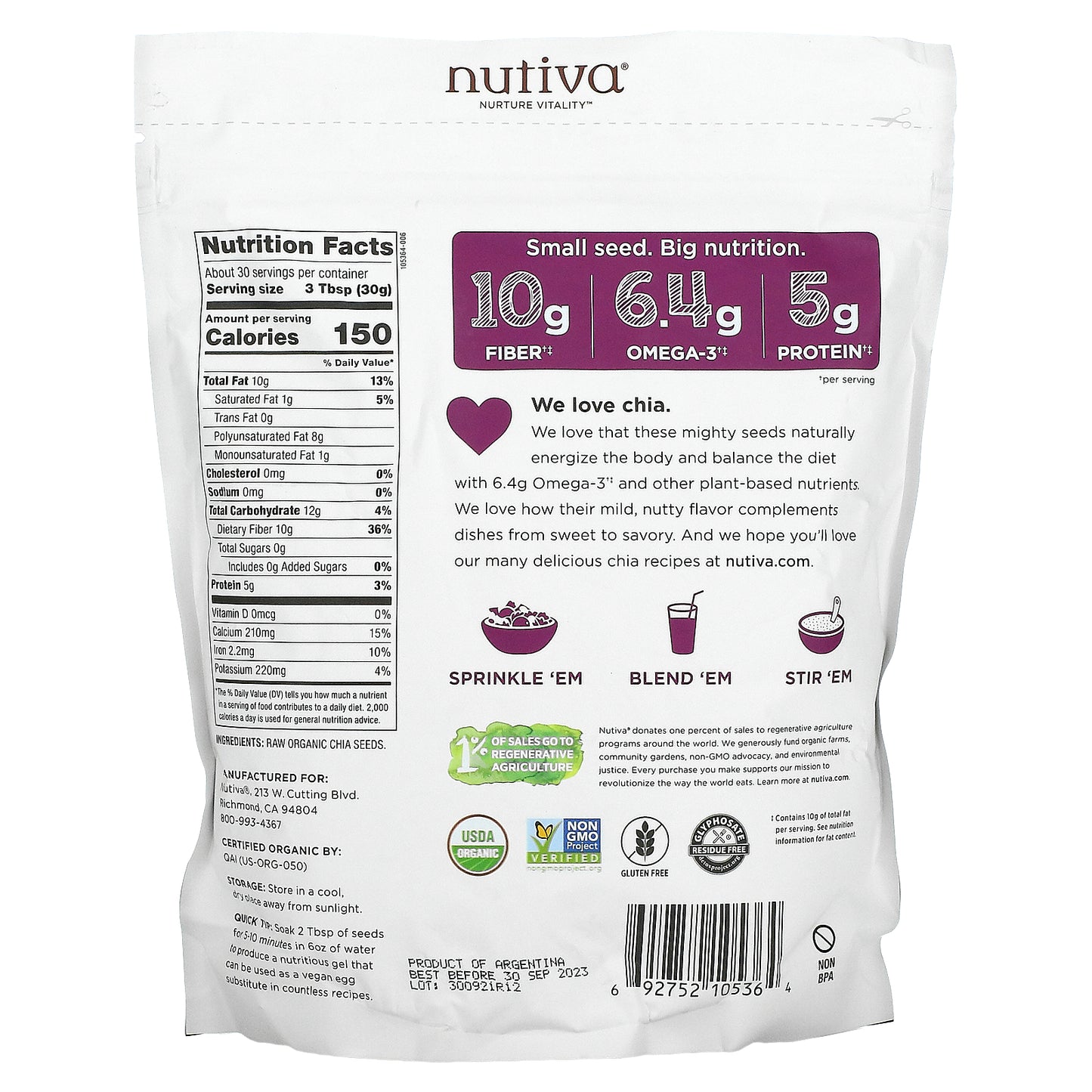 Nutiva, Organic Chia Seed, Black, 32 oz (907 g)