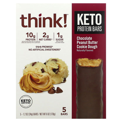 Think !, Keto Protein Bars, Chocolate Peanut Butter Cookie Dough, 5 Bars, 1.2 oz (34 g) Each