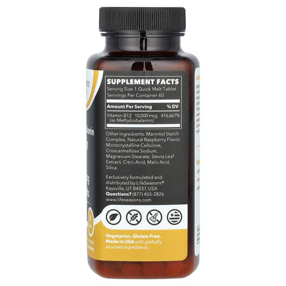 LifeSeasons, Essentials, Methylcobalamin Vitamin B12, Berry, 10,000 mcg, 60 Quick Melts