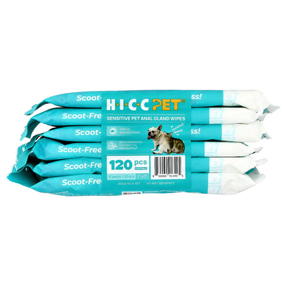 HICC Pet, Sensitive Pet Anal Gland Wipes, For Dogs & Cats, Coconut, 6 Packs, 20 Wipes Each