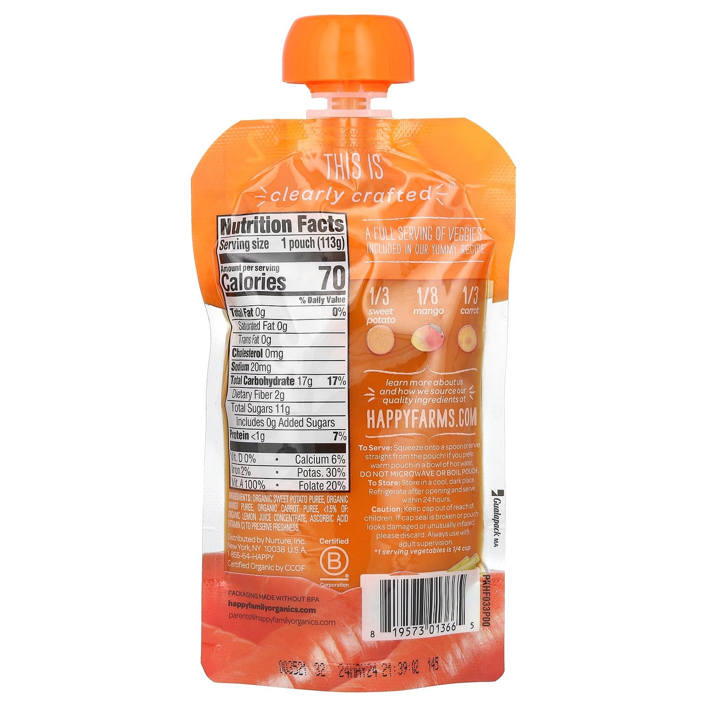 Happy Family Organics, Happy Baby®, Organic Baby Food, 6+ Months, Sweet Potatoes, Mangos & Carrots, 4 oz (113 g)