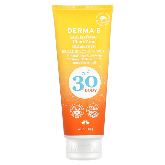 DERMA E, Sun Defense Clear Zinc Sunscreen, Body, SPF 30, Unscented, 4 oz (113g)