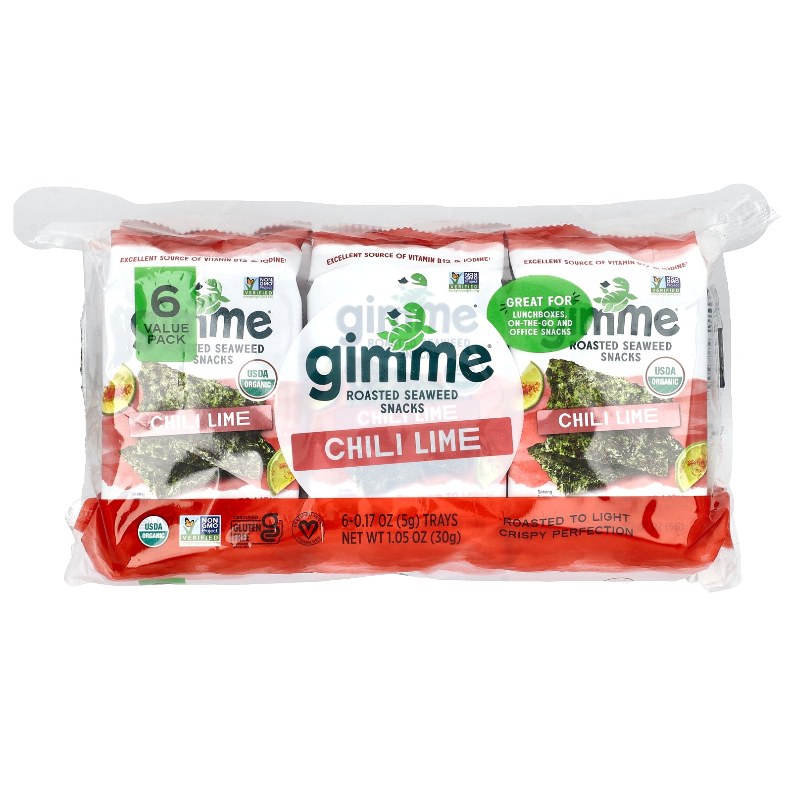 gimMe, Roasted Seaweed Snacks, Chili Lime, 6 Pack, 0.17 oz (5 g) Each