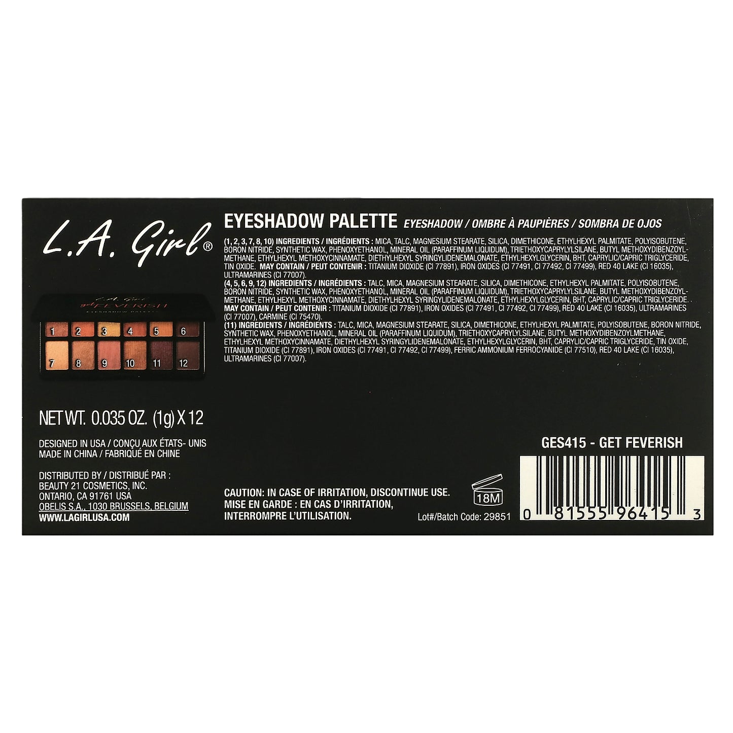 L.A. Girl, Eyeshadow Palette, GES415 Get Feverish, 0.42 oz (12 g)