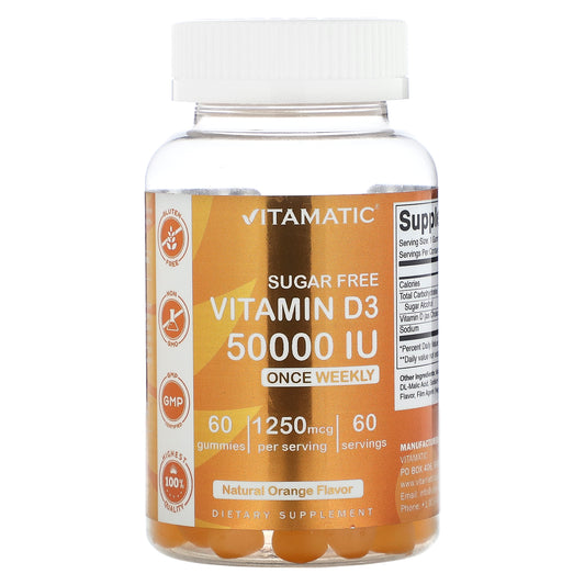 Vitamatic, Sugar Free Vitamin D3, Natural Orange, 1,250 mcg (50,000 IU), 60 Gummies