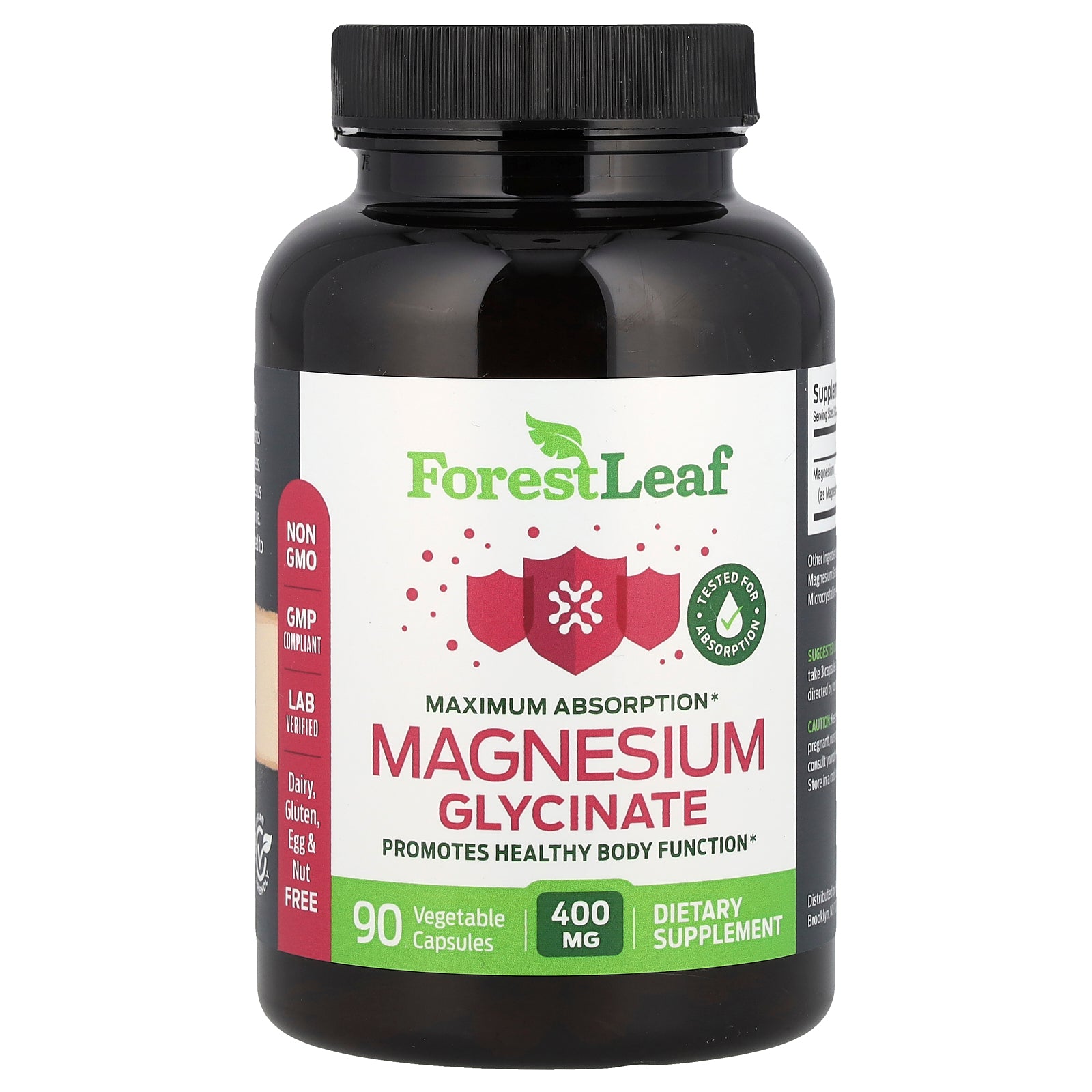 Forest Leaf, Magnesium Glycinate, Maximum Absorption, 400 mg, 90 Vegetable Capsules (133.3 mg per Capsule)