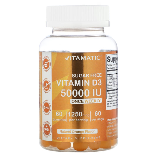 Vitamatic, Sugar Free Vitamin D3, Natural Orange, 50,000 IU, 60 Gummies