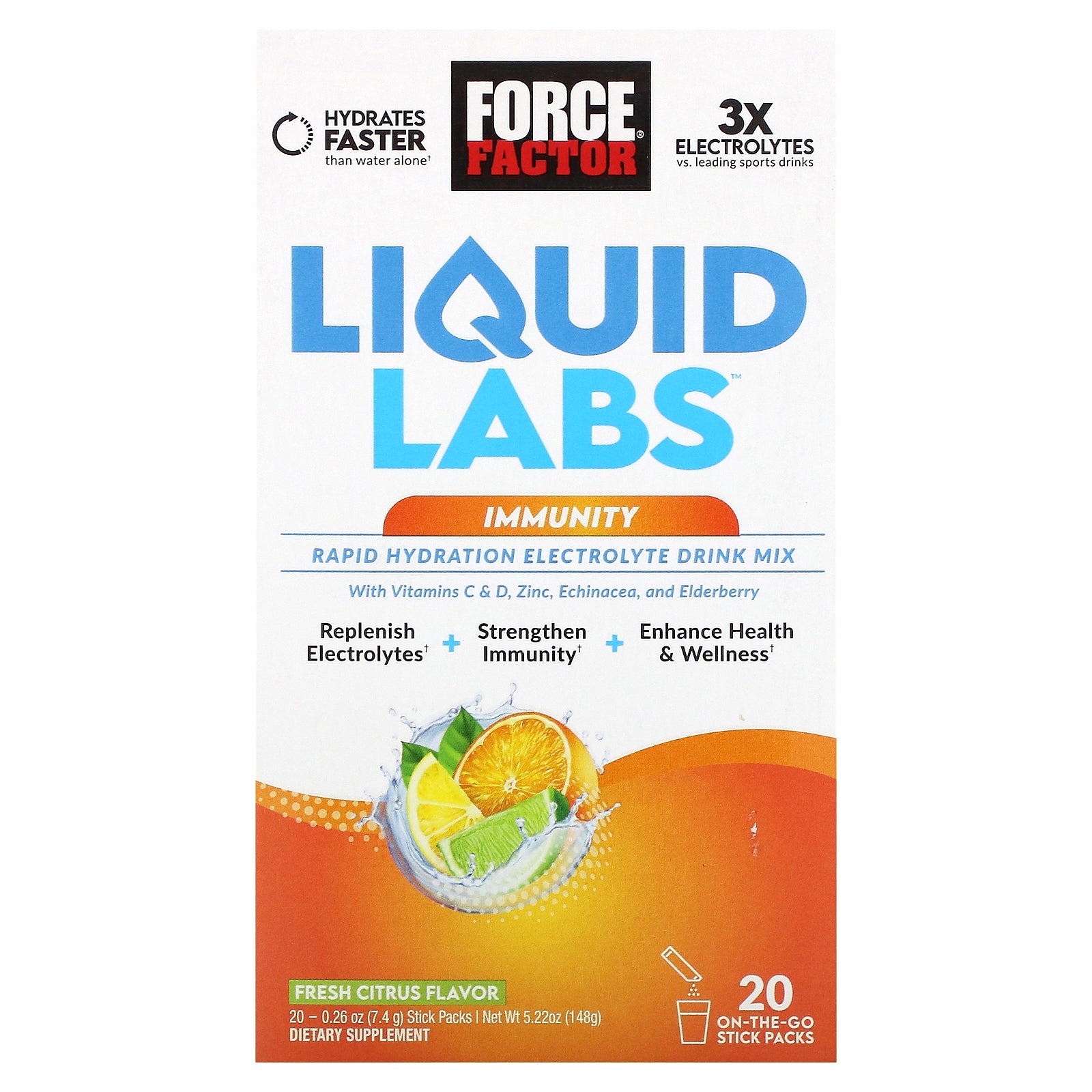 Force Factor, Liquid Labs™ Immunity, Rapid Hydration Electrolyte Drink Mix, Fresh Citrus, 20 Stick Packs, 0.26 oz (7.4 g) Each