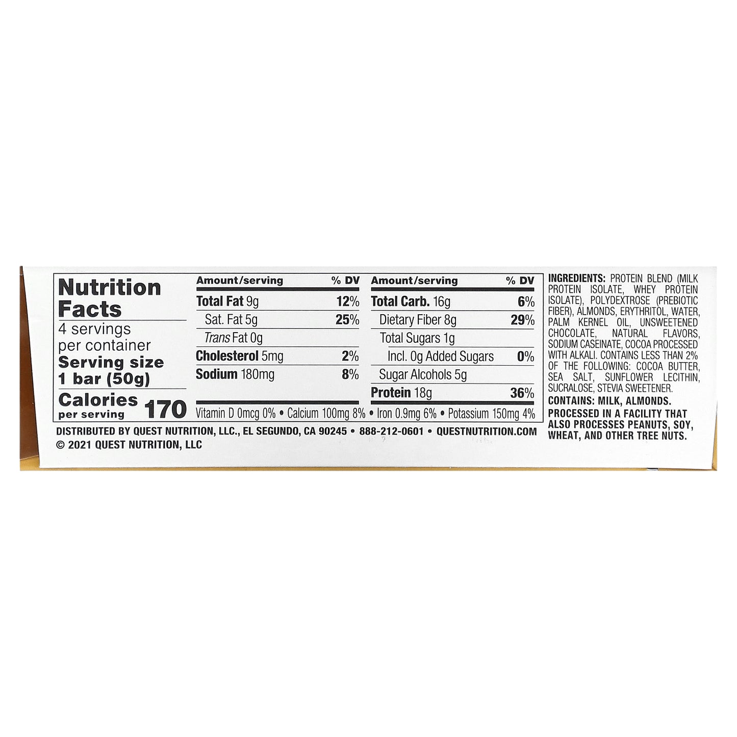 Quest Nutrition, Protein Bar, Dipped Chocolate Chip Cookie Dough, 4 Bars, 1.76 oz (50 g) Each