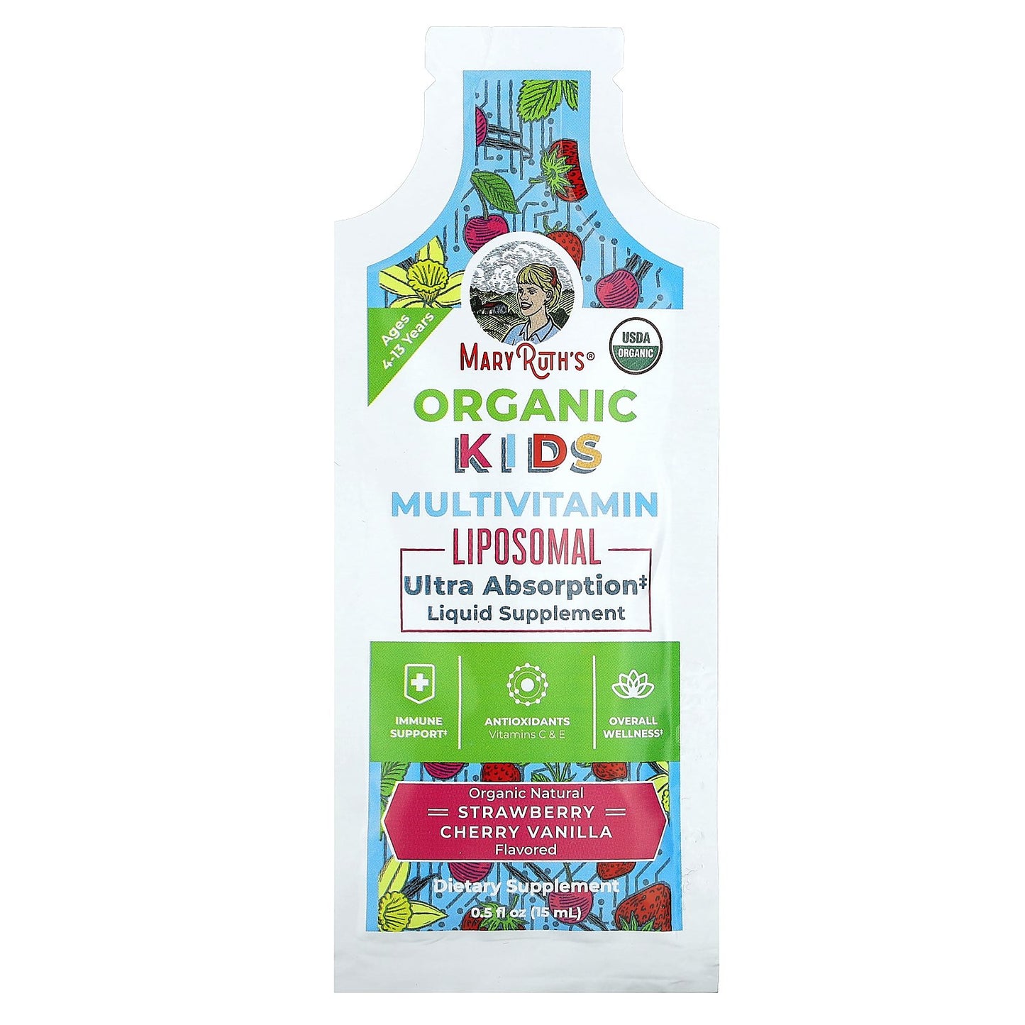 MaryRuth's, Organic Kids Multivitamin Liposomal, Ages 4-13 Years, Strawberry, Cherry, Vanilla, 14 Pouches, 0.5 fl oz (15 ml) Each