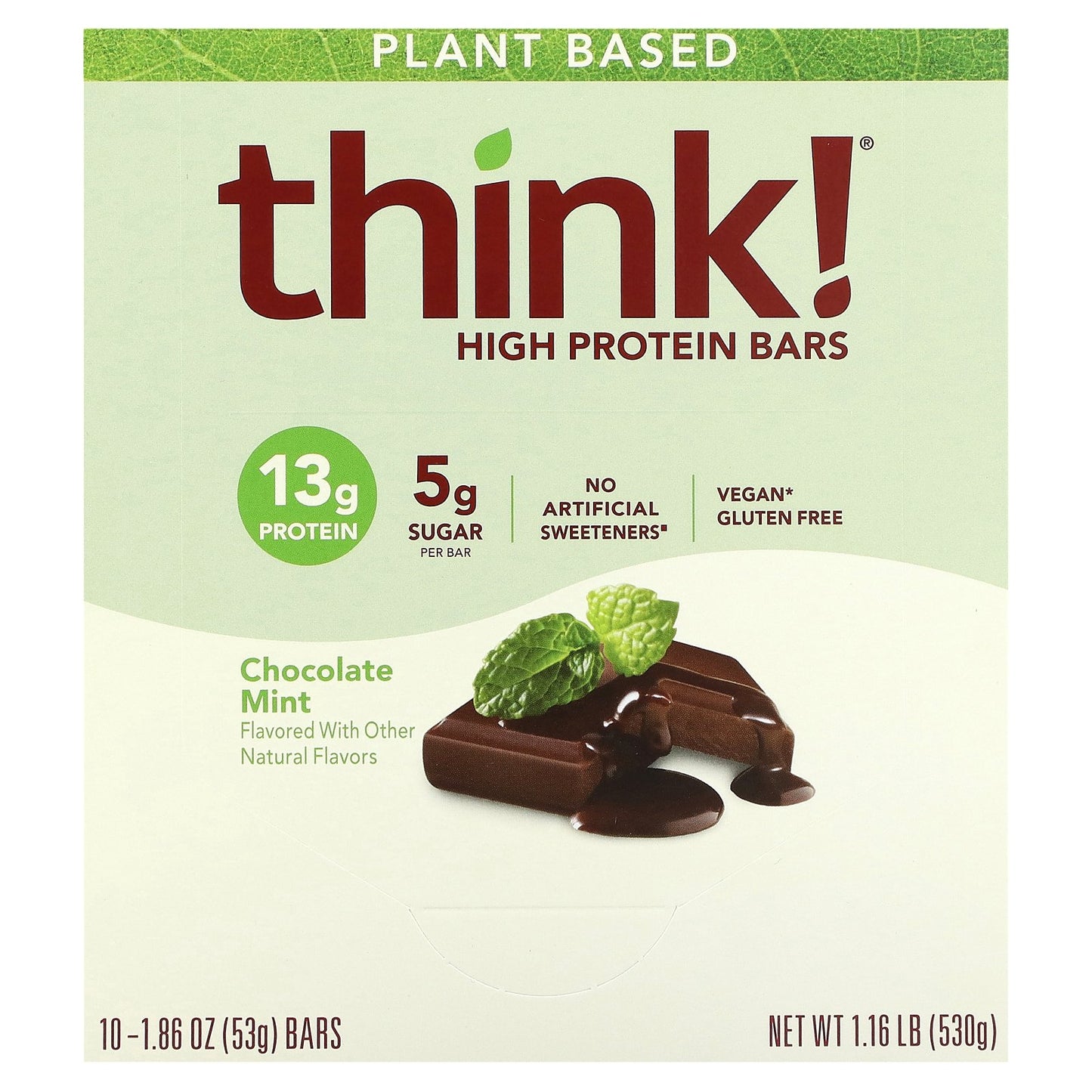 Think !, Plant Based High Protein Bars, Chocolate Mint, 10 Bars, 1.86 oz (53 g) Each