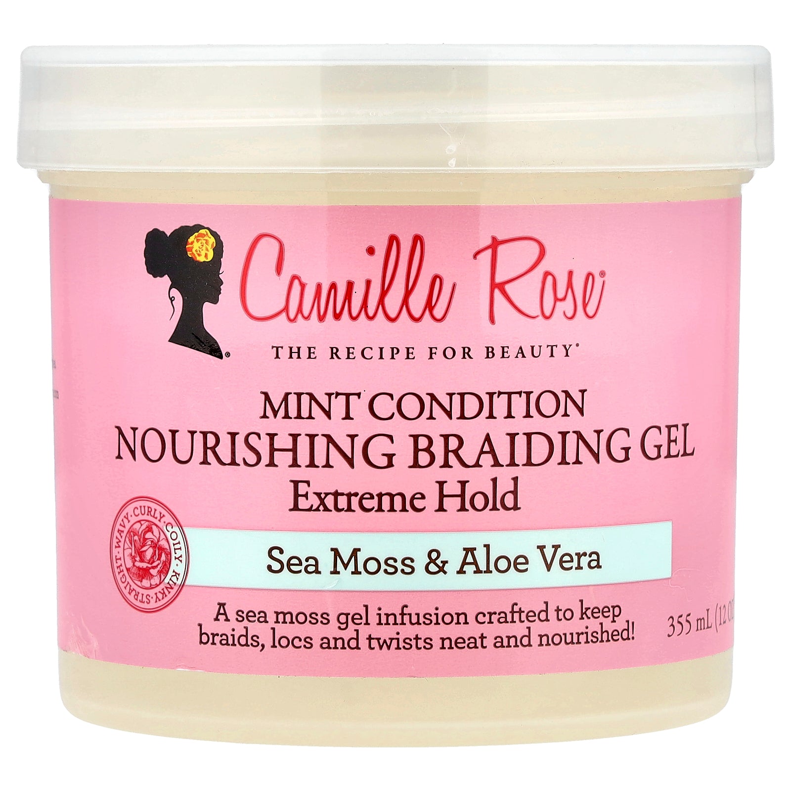 Camille Rose, Mint Condition Nourishing Braiding Gel, Extreme Hold, Sea Moss & Aloe Vera, 12 oz (355 ml)