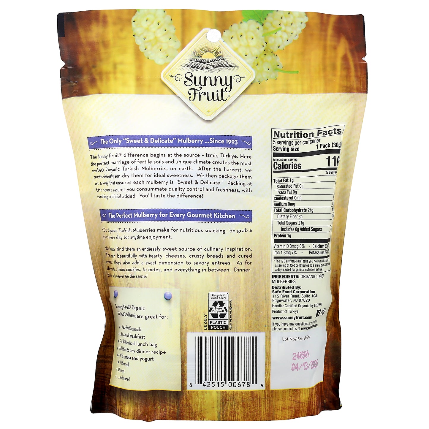 Sunny Fruit, Organic Dried Mulberries, 5 Portion Packs, 1.06 oz (30 g) Each