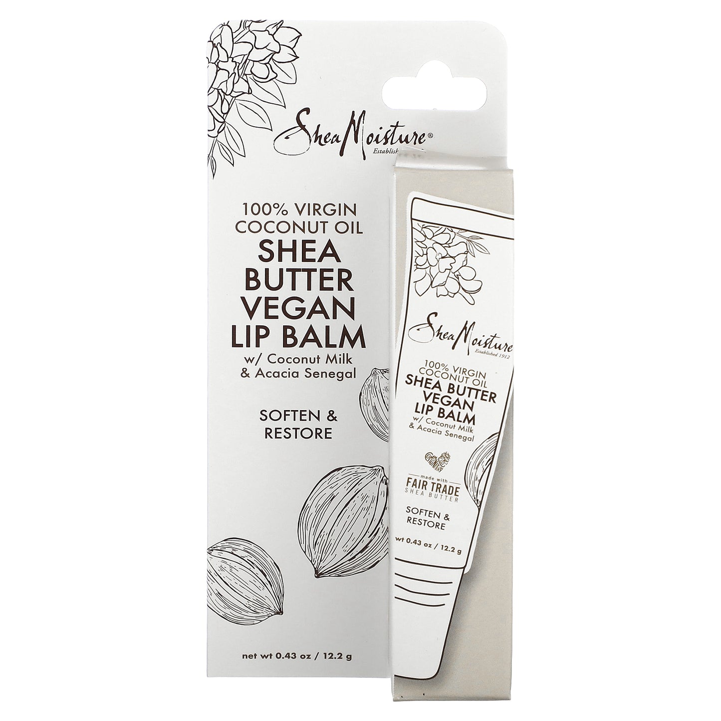 SheaMoisture, Shea Butter Vegan Lip Balm with Coconut Milk & Acacia Senegal, 100% Virgin Coconut Oil, 0.43 oz (12.2 g)