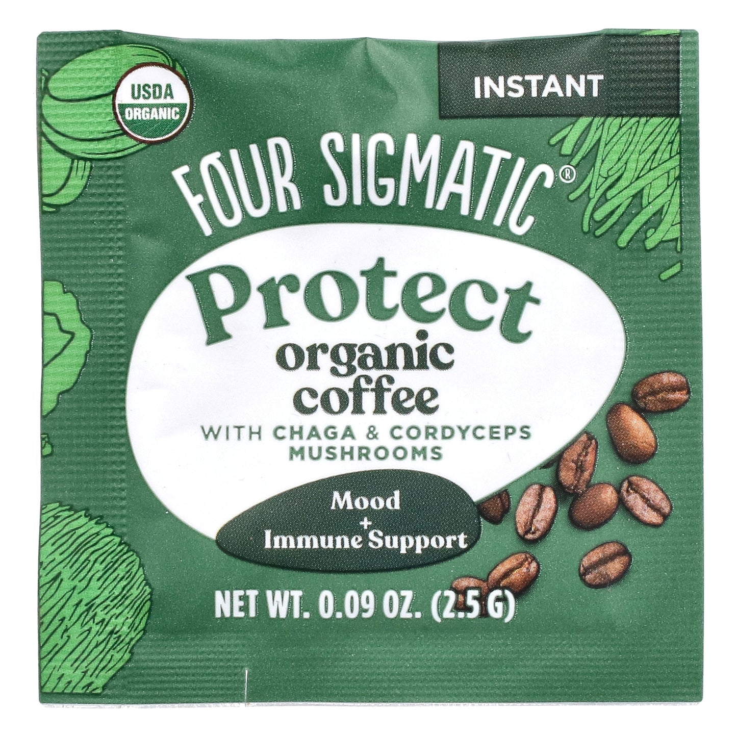 Four Sigmatic, Protect, Instant Organic Coffee with Chaga & Cordyceps Mushrooms, Medium Roast, 10 Packets, 0.09 oz (2.5 g) Each