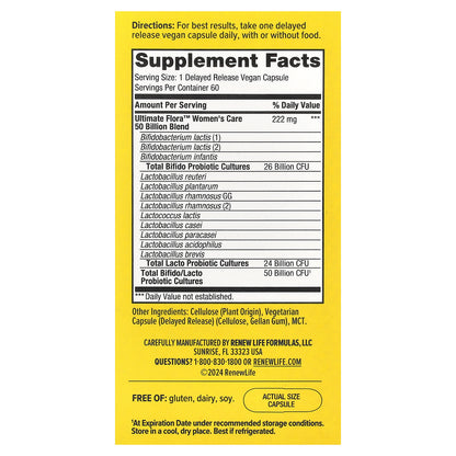 Renew Life, Ultimate Flora™ Probiotic, Women's Vaginal Care , 50 Billion CFU, 60 Delayed Release Vegan Capsules