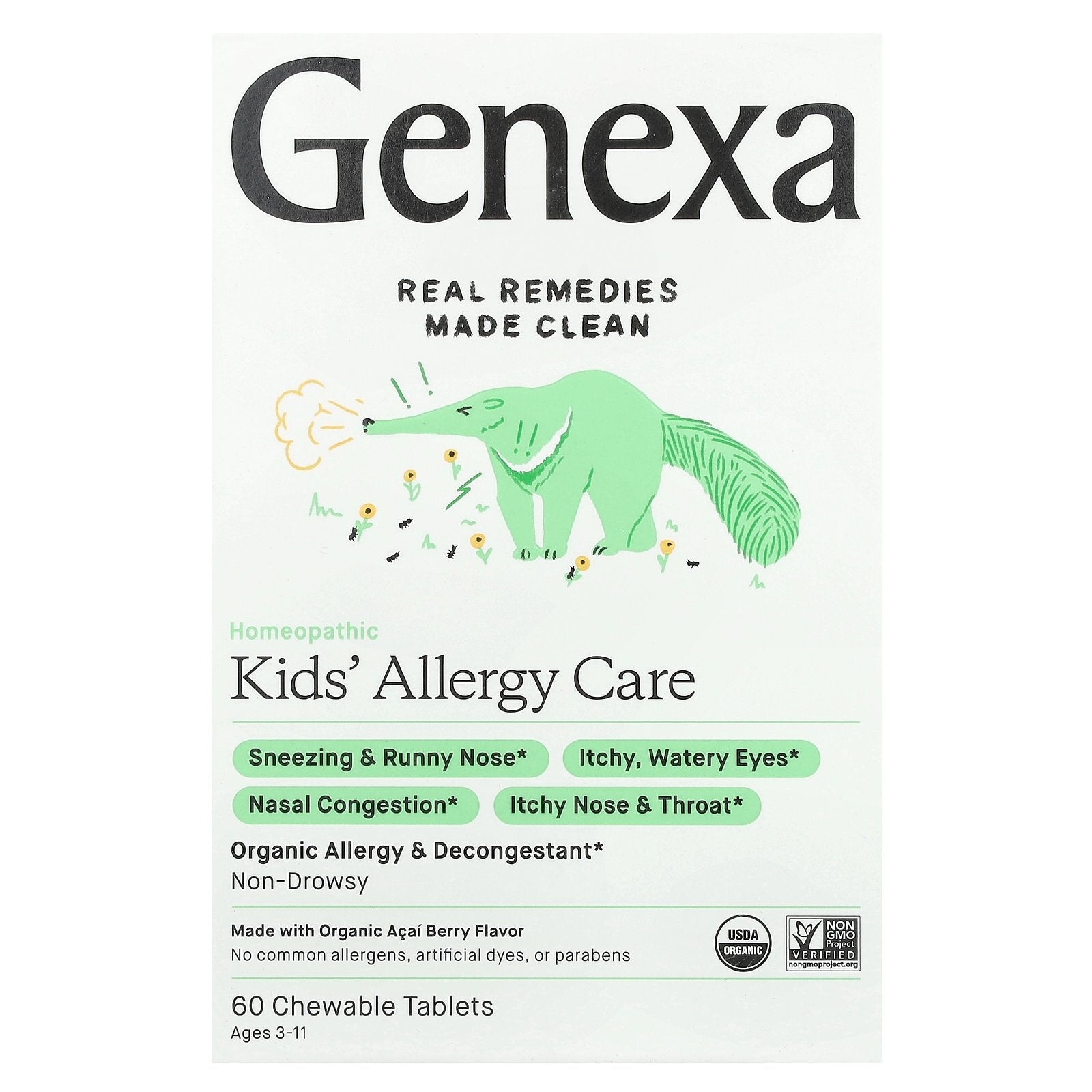 Genexa, Kids' Allergy Care, Age 3-11, Organic Acai Berry, 60 Chewable Tablets