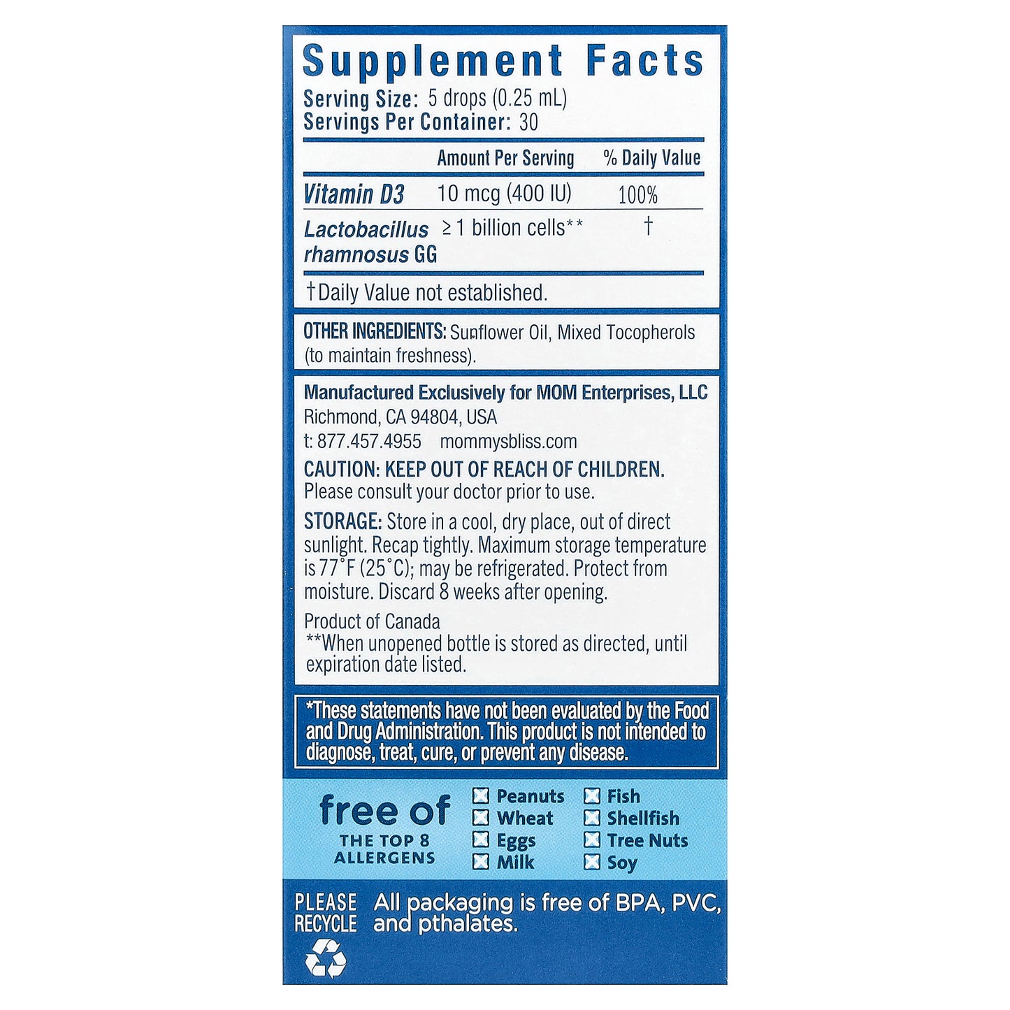 Mommy's Bliss, Baby Probiotic Drops + Vitamin D, Newborn+, 0.34 fl oz (10 ml)