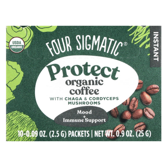 Four Sigmatic, Protect, Instant Organic Coffee with Chaga & Cordyceps Mushrooms, Medium Roast, 10 Packets, 0.09 oz (2.5 g) Each