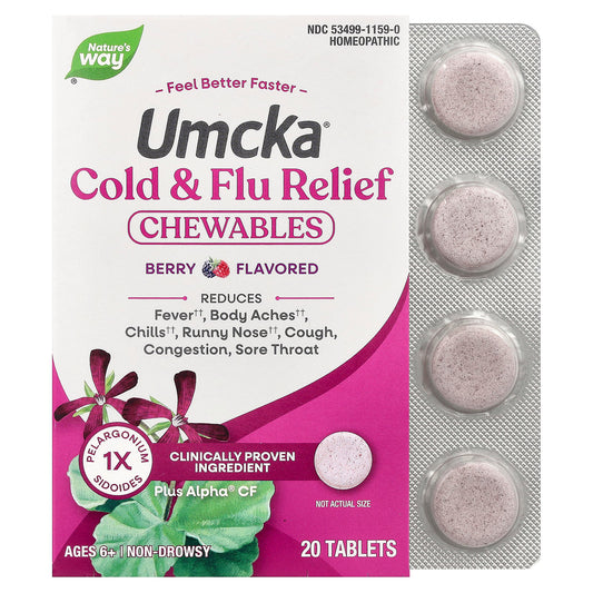 Nature's Way, Umcka, Cold & Flu Relief Chewables, Ages 6+, Berry, 20 Tablets