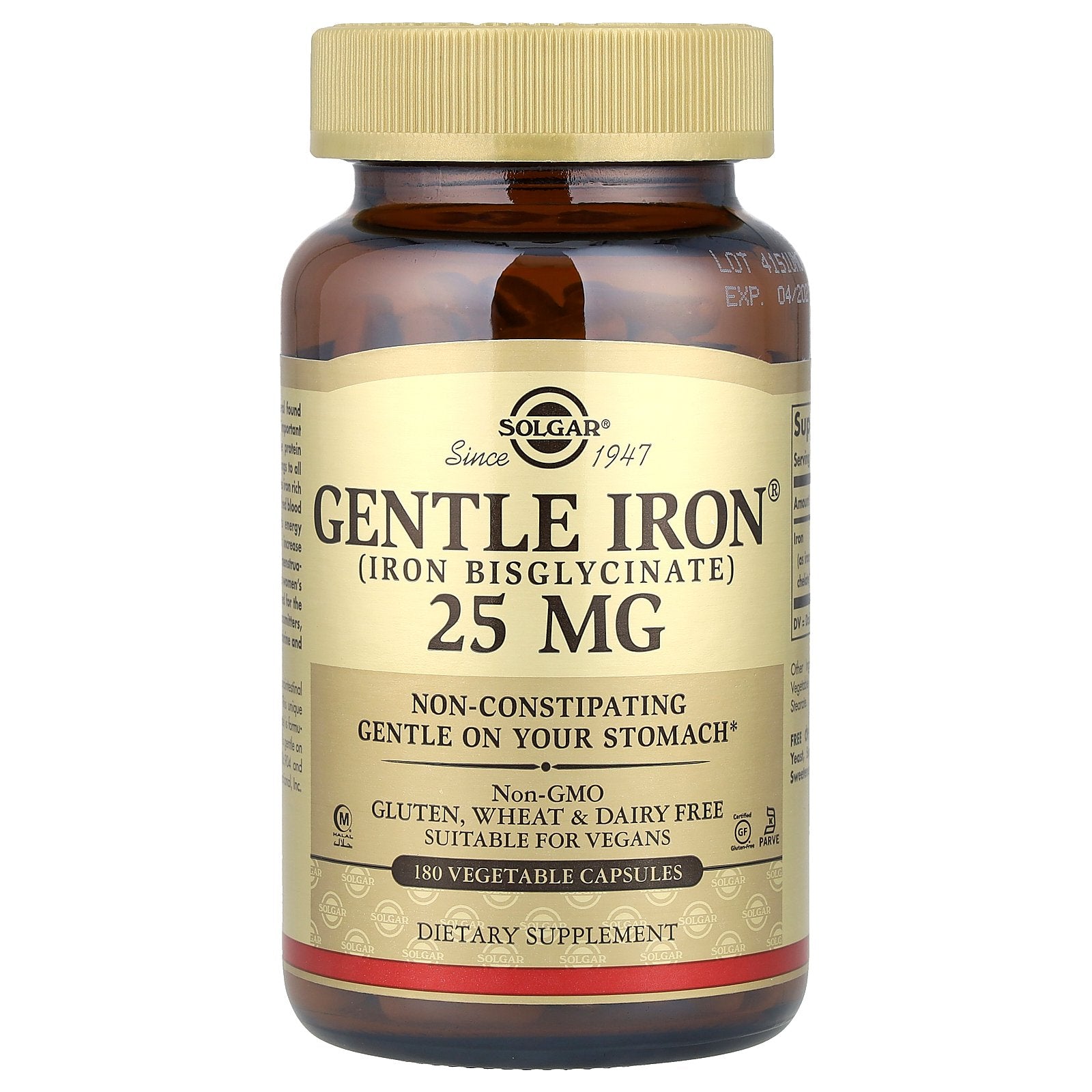 Solgar, Gentle Iron®, 25 mg, 180 Vegetable Capsules