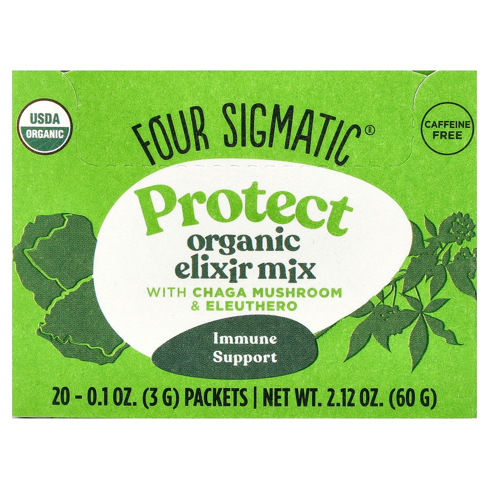 Four Sigmatic, Protect, Organic Elixir Mix With Chaga Mushroom & Eleuthero, Caffeine Free, 20 Packets, 0.1 oz (3 g) Each