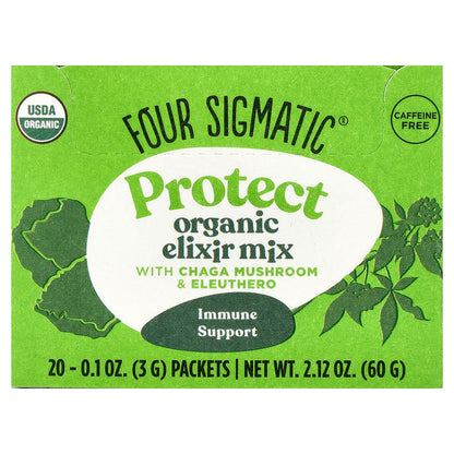 Four Sigmatic, Protect, Organic Elixir Mix With Chaga Mushroom & Eleuthero, Caffeine Free, 20 Packets, 0.1 oz (3 g) Each