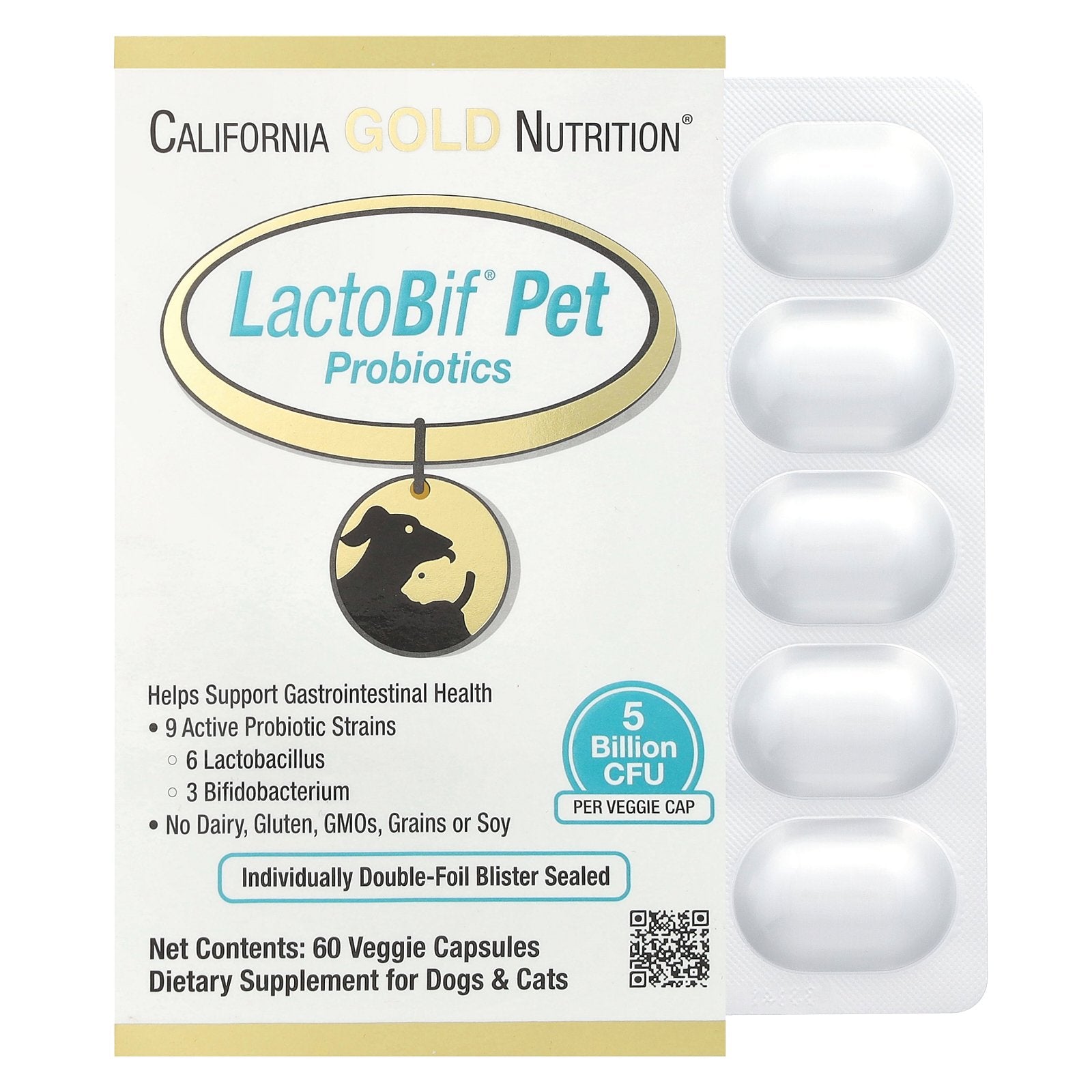 California Gold Nutrition, LactoBif® Pet Probiotics, 5 Billion CFU, 60 Veggie Capsules
